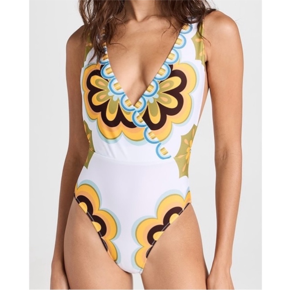 NWT. LA DoubleJ Retro Floral One-Piece Swimsuit - White/Yellow/Blue/Brown